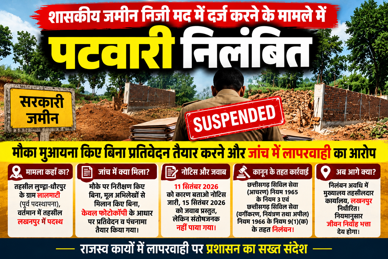 शासकीय जमीन निजी मद में दर्ज करने के मामले में पटवारी निलंबित