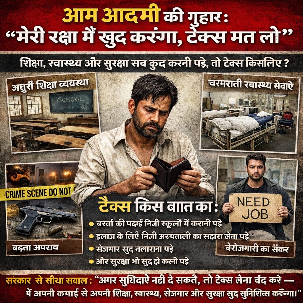 आम नागरिक बोले: मेरी रक्षा मैं खुद करूंगा, टैक्स मत लो, जब शिक्षा, स्वास्थ्य और सुरक्षा सब निजी हो गए, तो टैक्स क्यों?